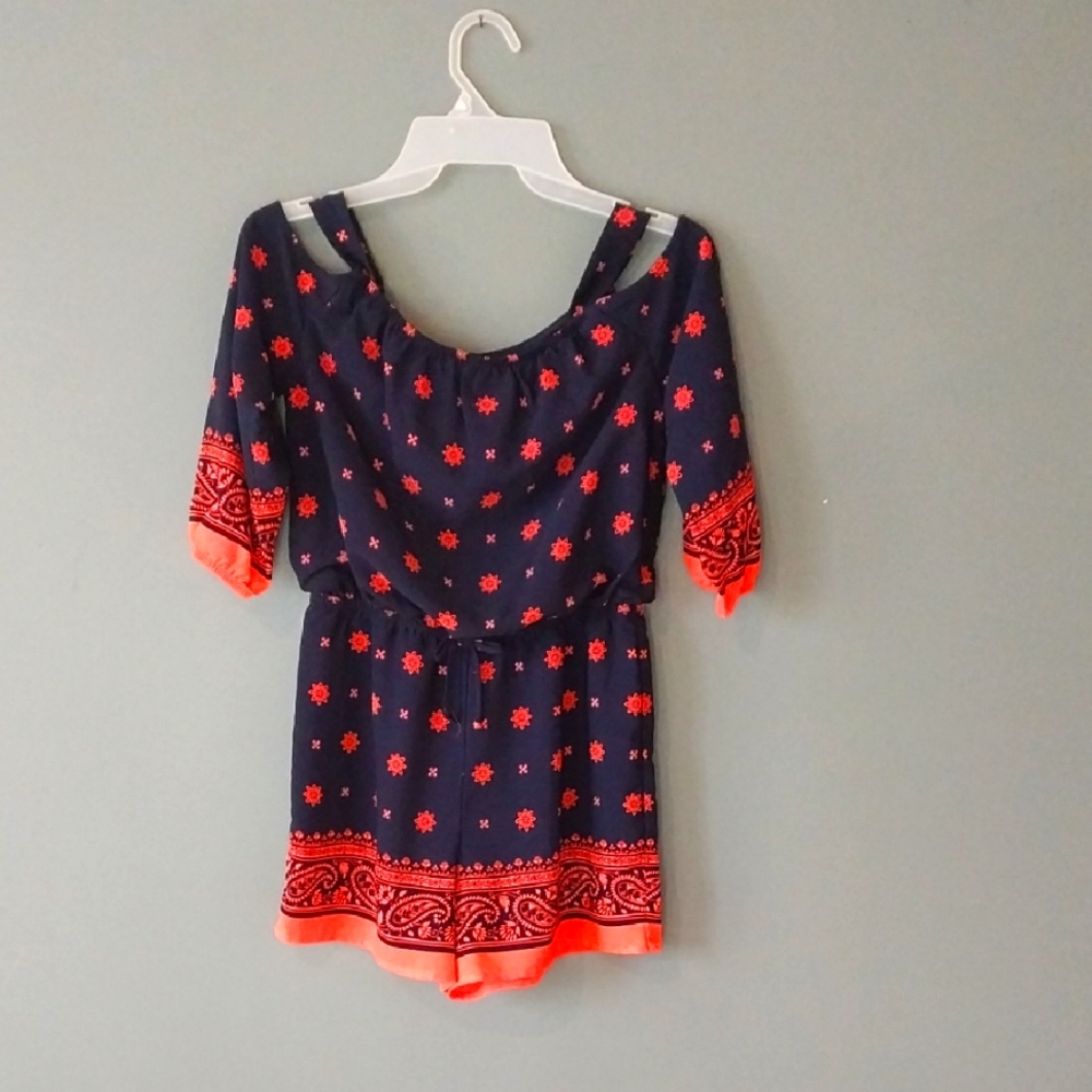 Girl's Navy and Deep Coral Patterned Romper - size L